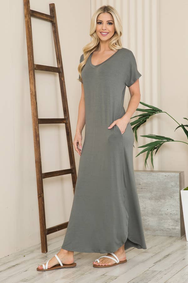 SHORT SLEEVE MAXI DRESS WITH SIDE SLIT AND POCKETS: GREY / S
