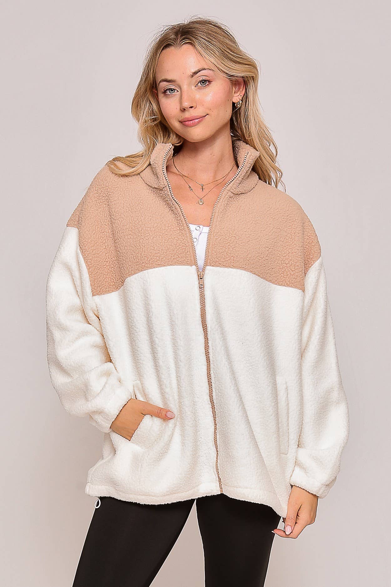 Color Block Sherpa Drawstring Jacket w/ Pockets