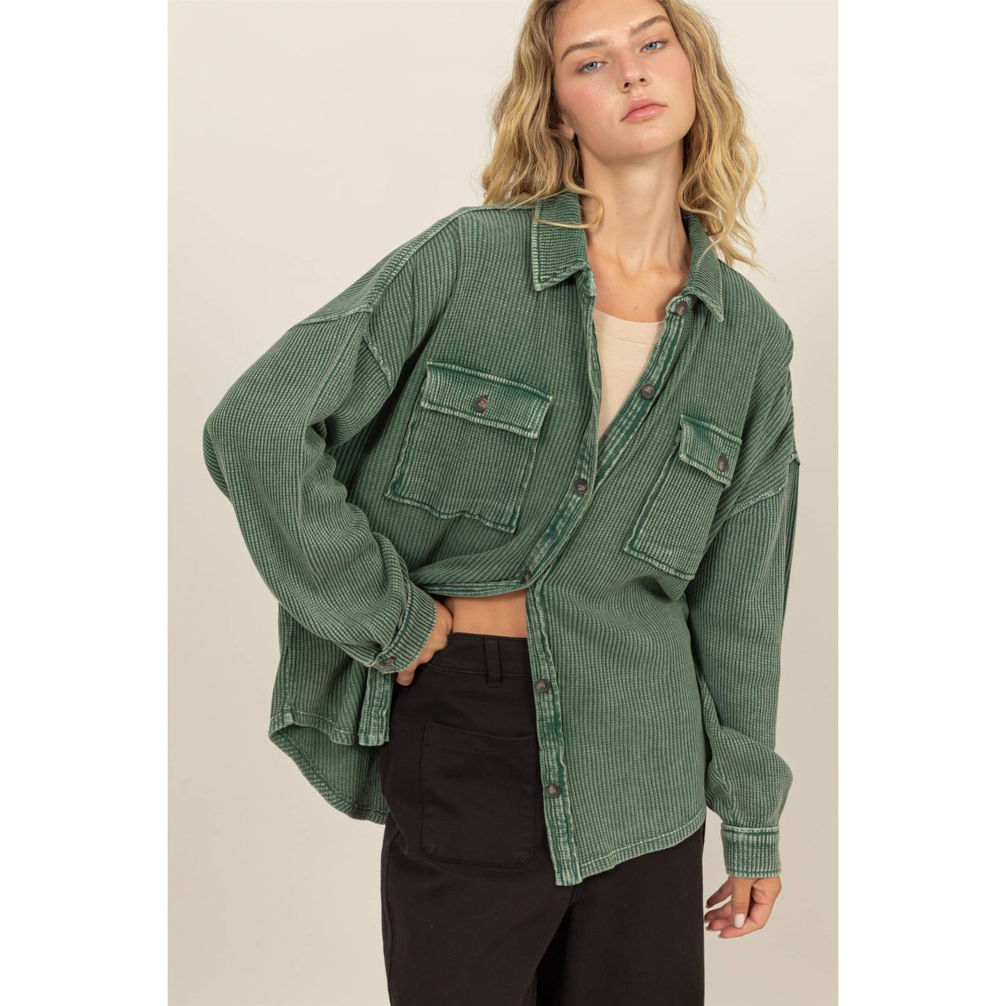 Waffle Oversized Button Up Shacket: GRAY BLUE / L