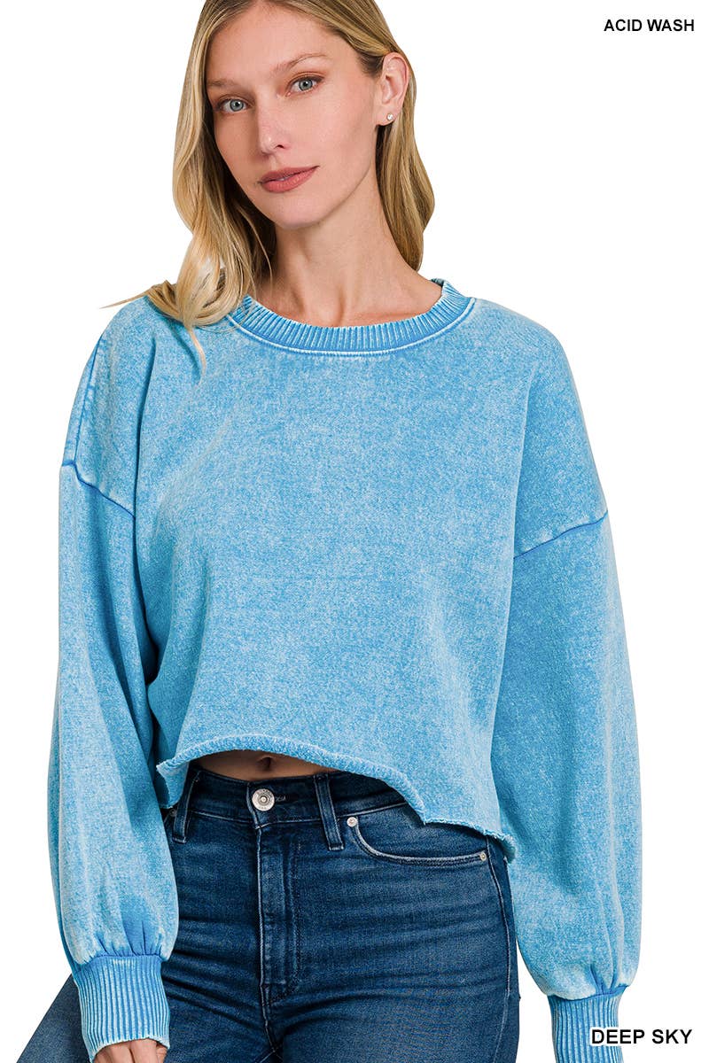 SI-25409 ACID WASH FLEECE CROPPED PULLOVER: MOCHA-163613 / M