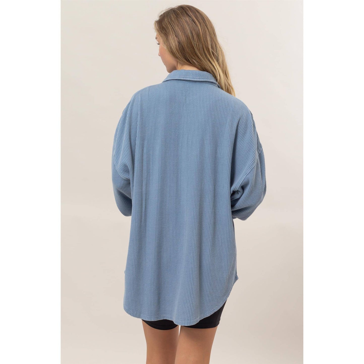 Waffle Oversized Button Up Shacket: GRAY BLUE / L