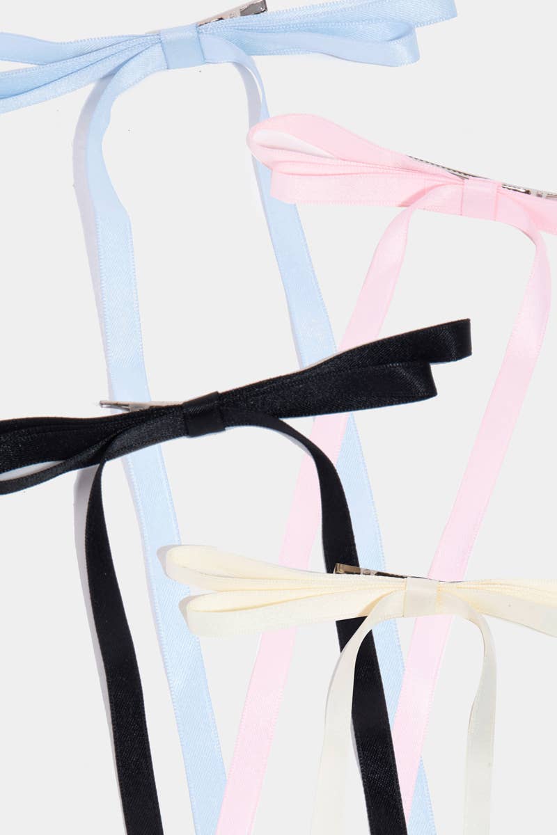 4Pc Long Thin Satin Ribbon Bow Hair Clips: MULTI