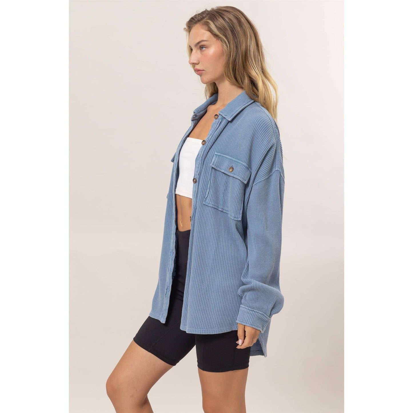 Waffle Oversized Button Up Shacket: GRAY BLUE / L