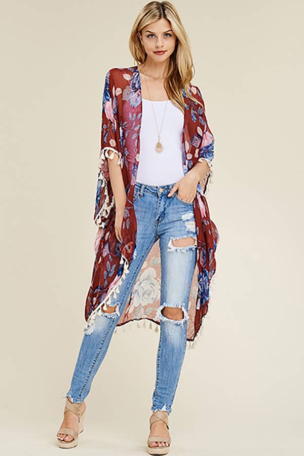 HDF1997 -  FLORAL TASSEL CARDIGAN: Blue