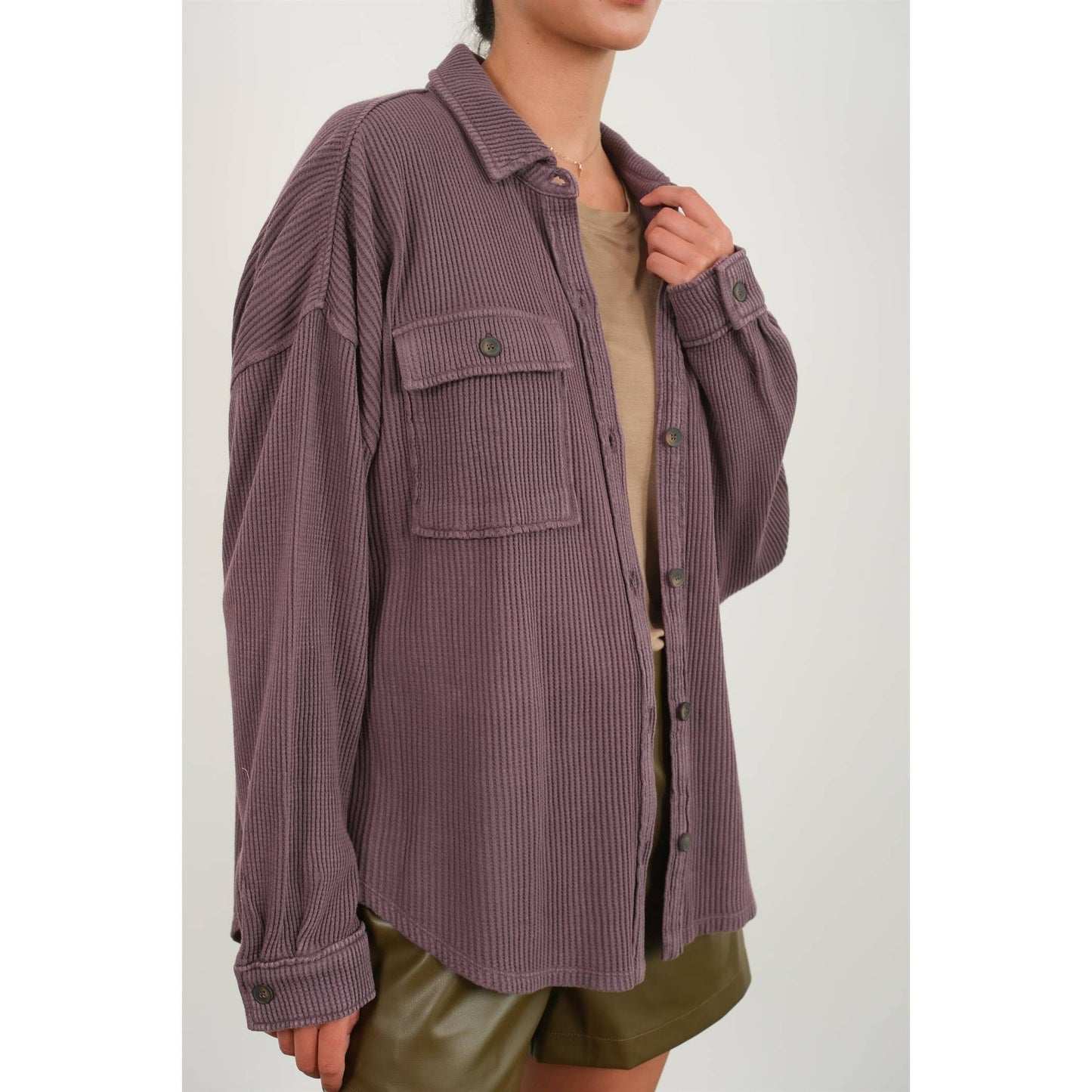 Waffle Oversized Button Up Shacket: GRAY BLUE / S