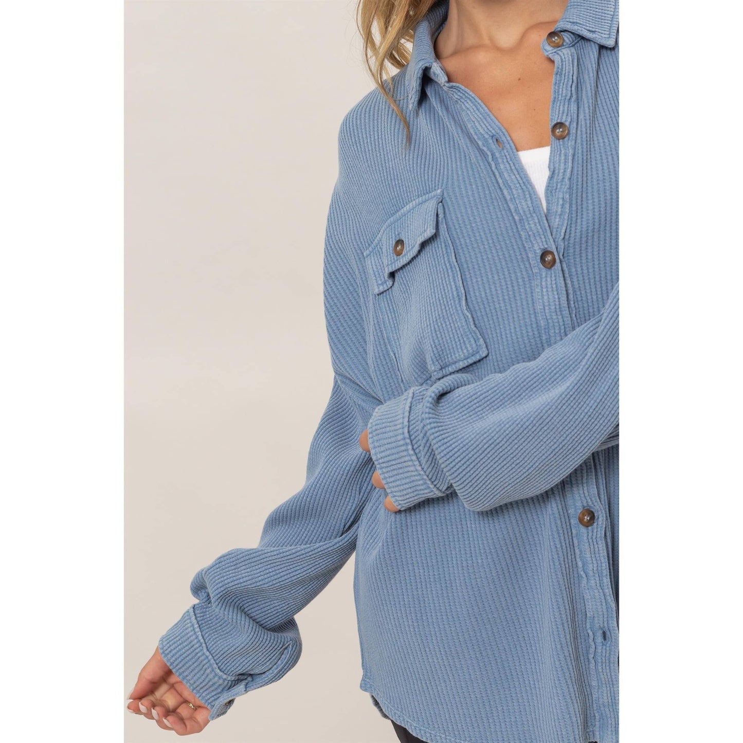 Waffle Oversized Button Up Shacket: GRAY BLUE / M