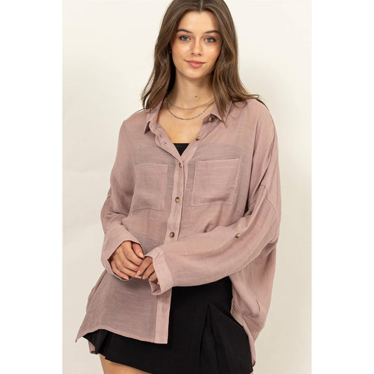 HF24G073-LONG SLEEVE BUTTON DOWN SHIRT: MAUVE / S