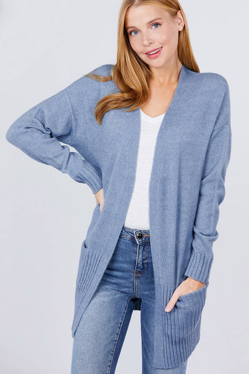 FITTED OPEN FRONT w/POCKET SWEATER CARDIGAN: S / BLU-blue-118476