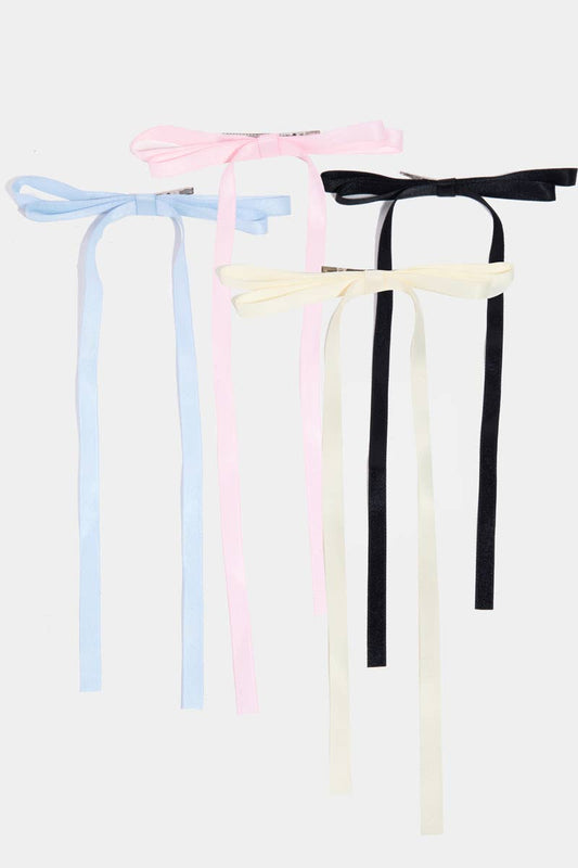 4Pc Long Thin Satin Ribbon Bow Hair Clips: MULTI