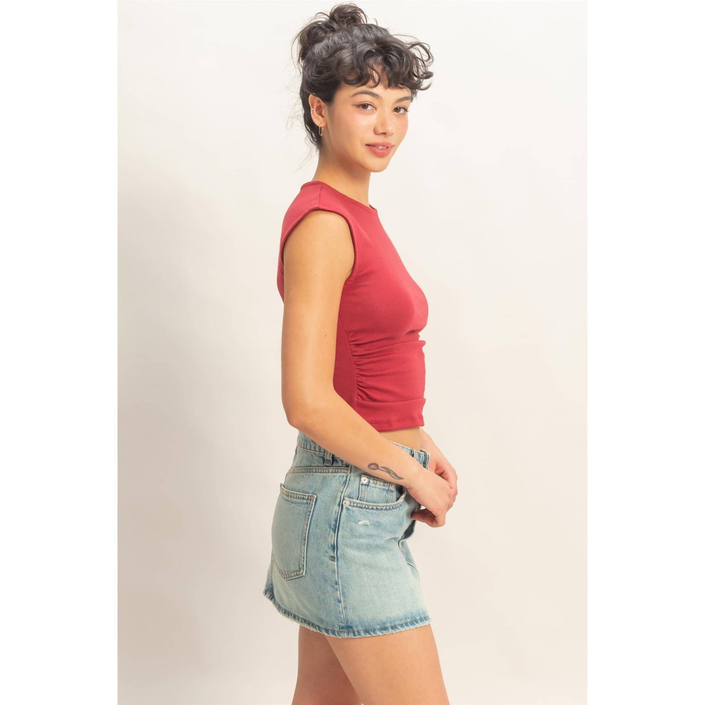 Ruched Waist Cap Sleeve Top