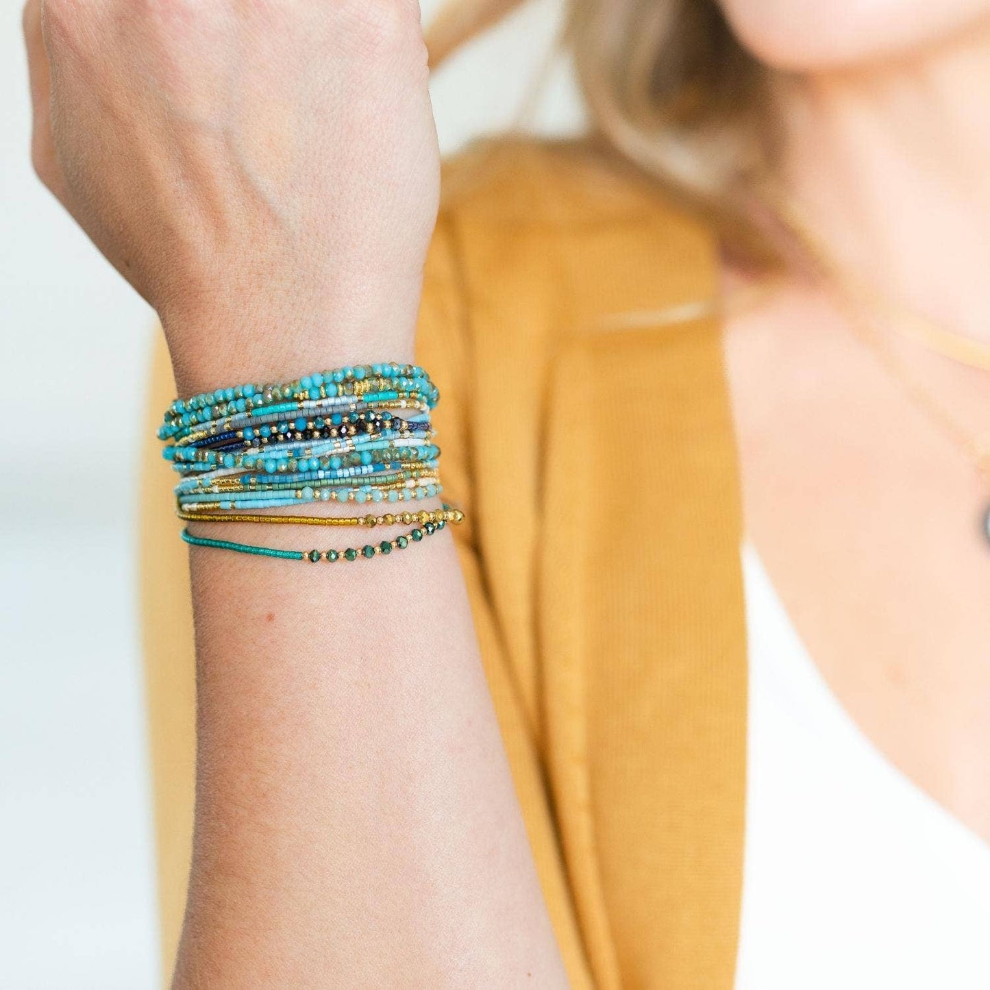 Set/12 Adjustable Glitz Accented Miyuki Bracelets, SALE: Teal/Bronze/Navy