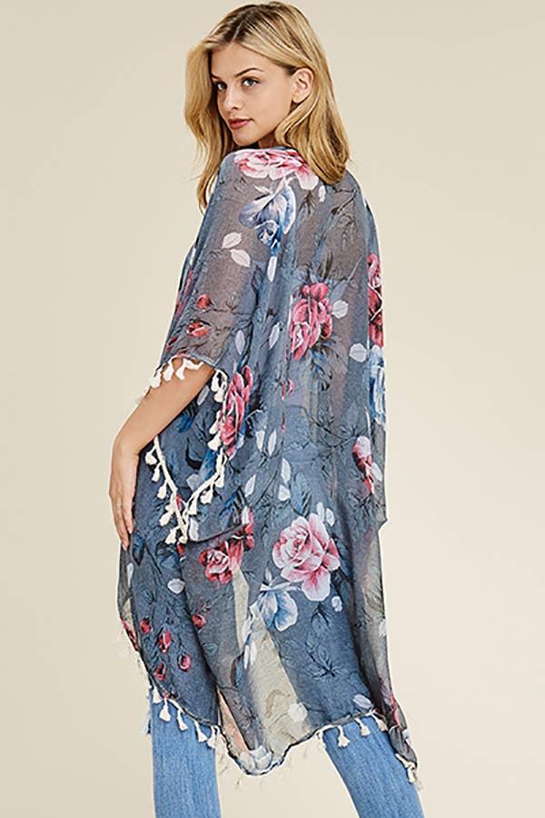 HDF1997 -  FLORAL TASSEL CARDIGAN: Blue
