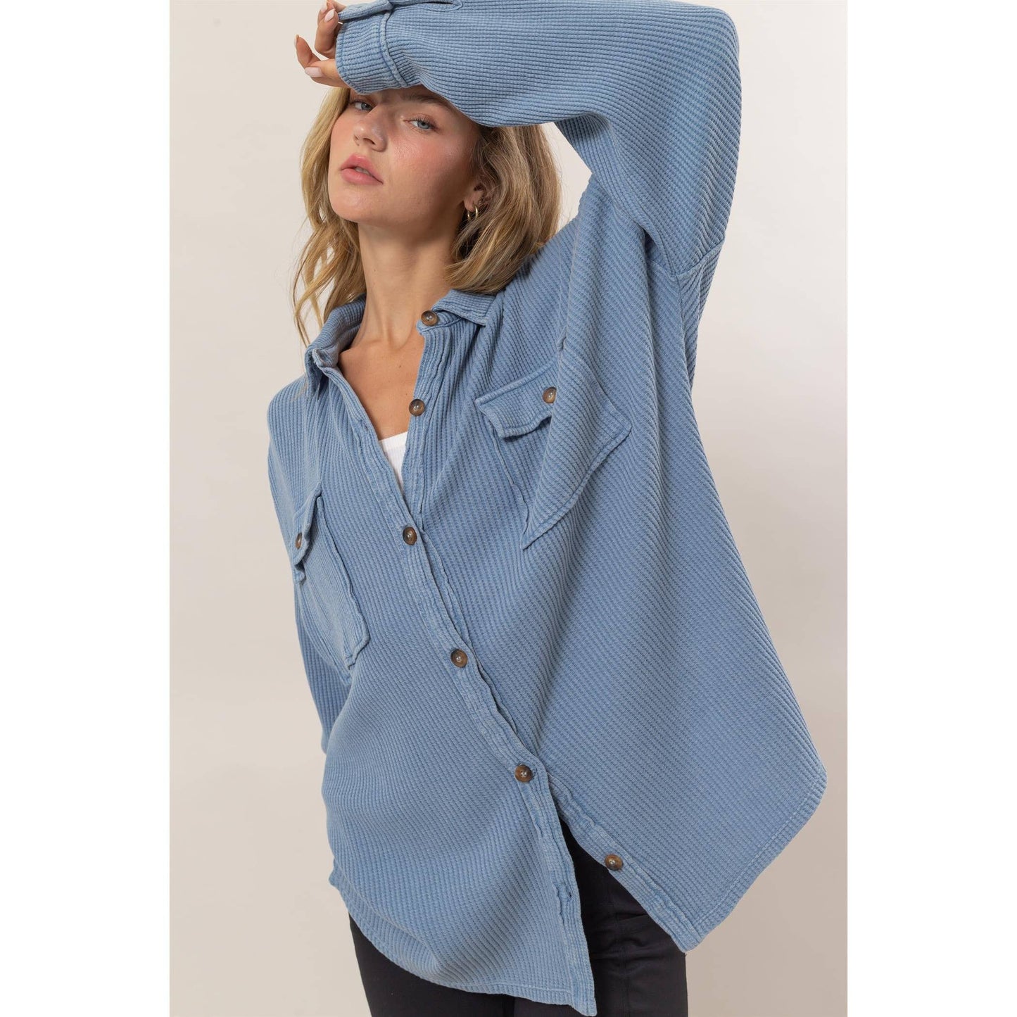 Waffle Oversized Button Up Shacket: GRAY BLUE / S