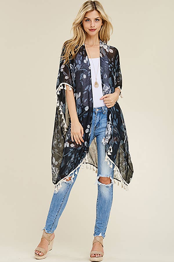 HDF1997 -  FLORAL TASSEL CARDIGAN: Blue