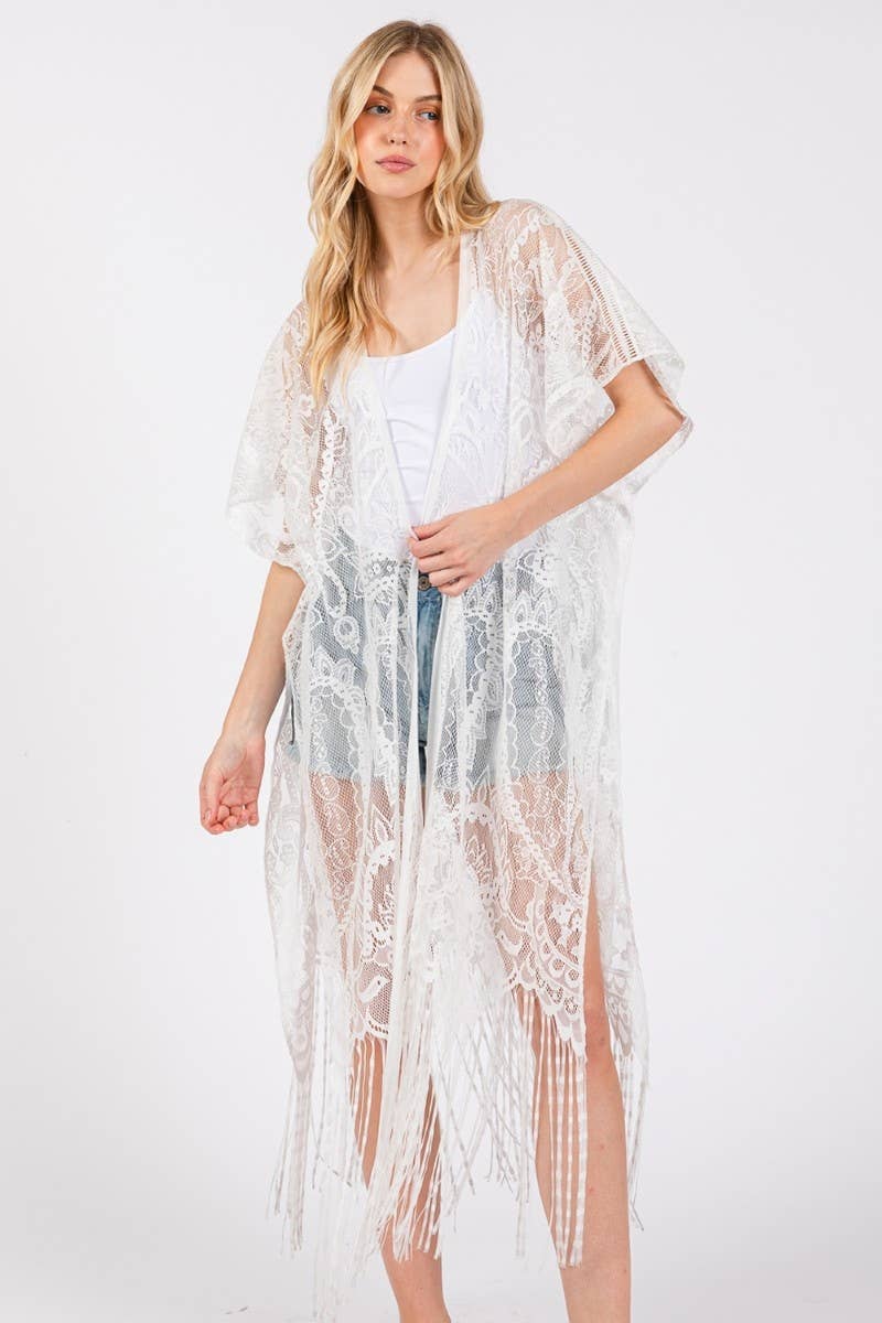 Sheer Elegant Lace Fringe Cover Up Kimono: BK