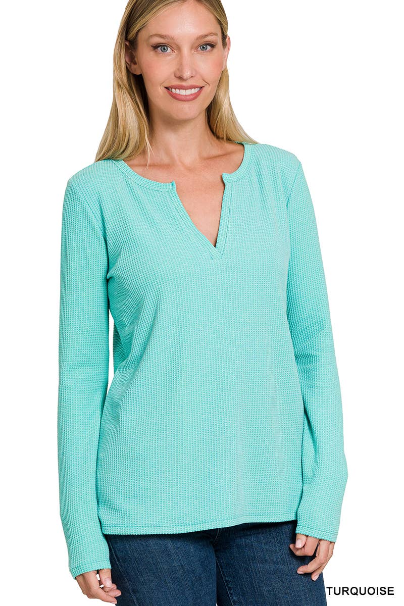 BABY WAFFLE V-NECK LONG SLEEVE TOP: FUCHSIA-158026 / S