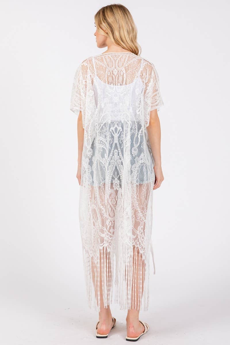 Sheer Elegant Lace Fringe Cover Up Kimono: BK