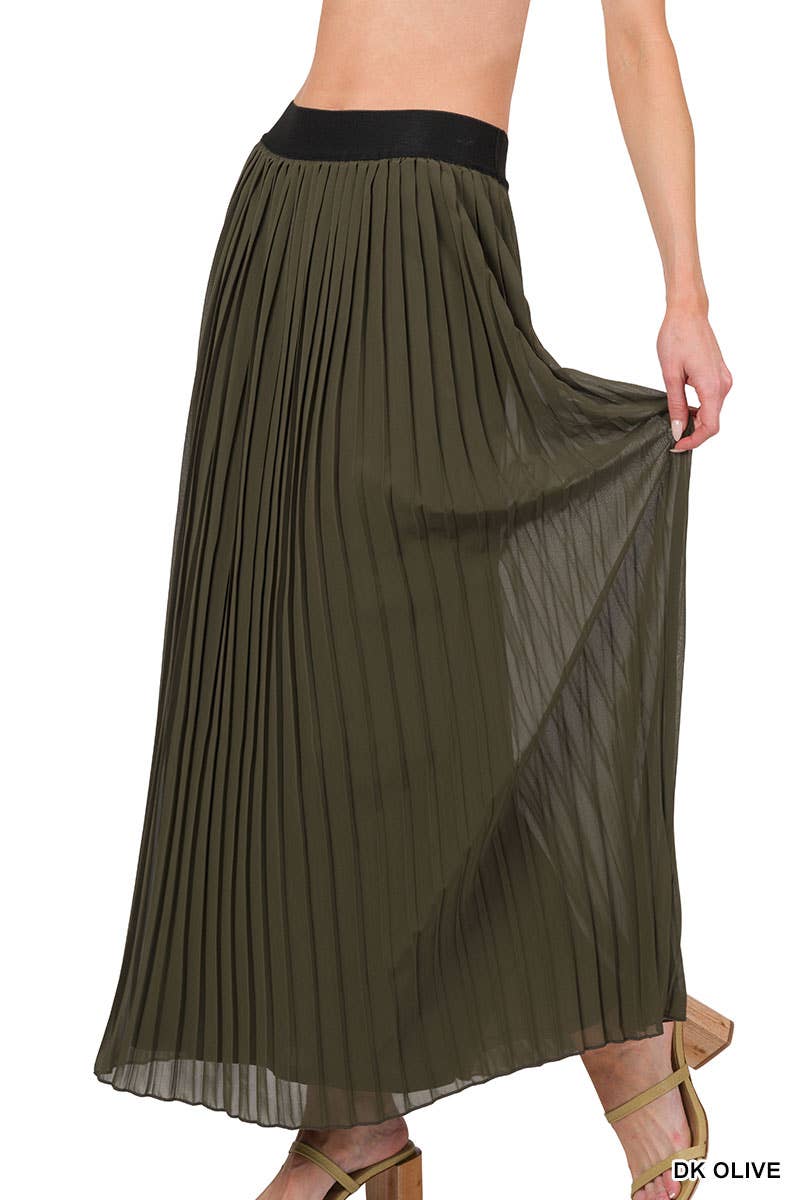 WOVEN CHIFFON HIGH WAIST PLEATED LONG SKIRT: XL / TAUPE-139692