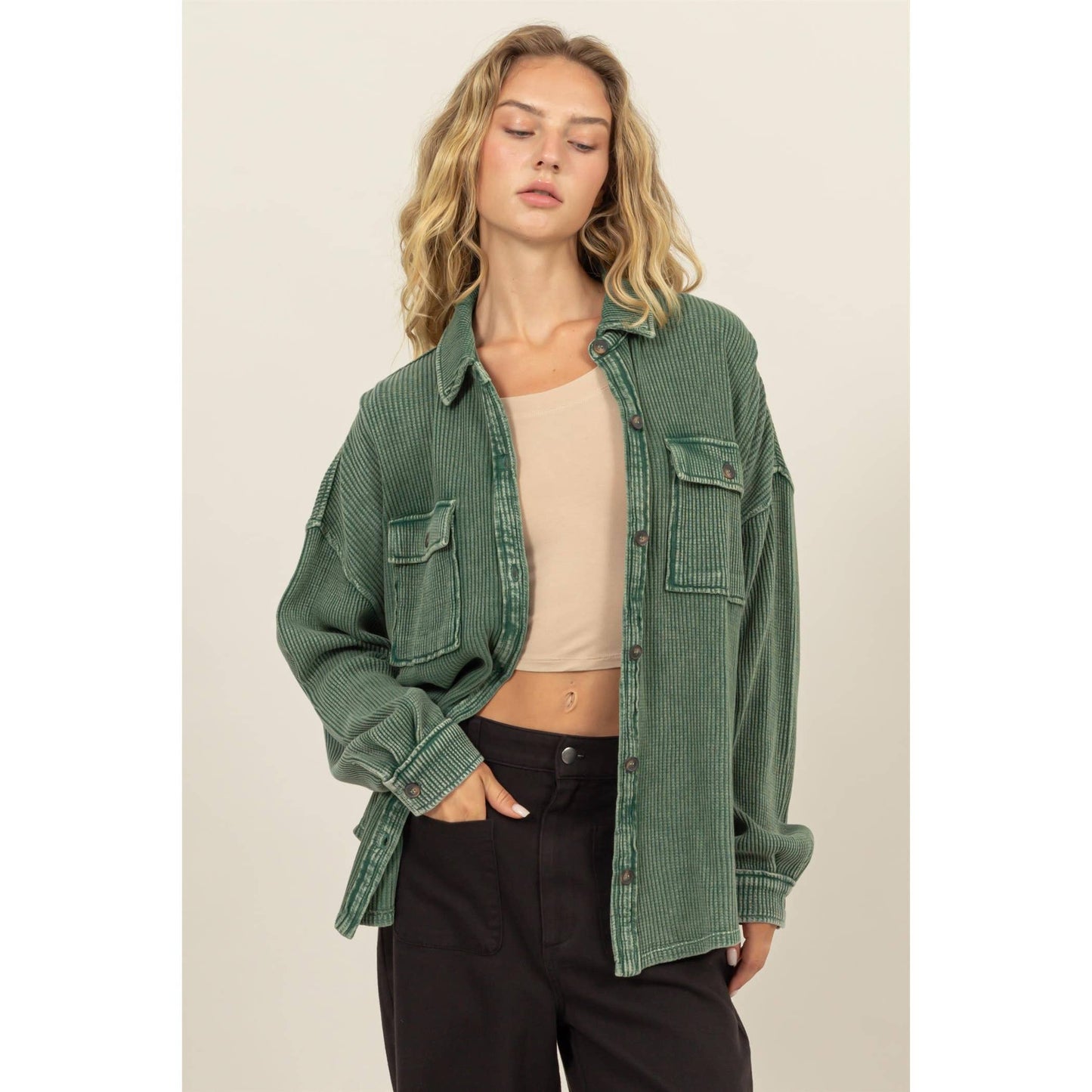 Waffle Oversized Button Up Shacket: GRAY BLUE / L