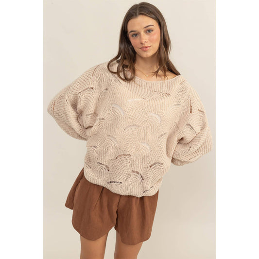 HF25A287-Pointelle Chunky Knit Sweater: ECRU / L