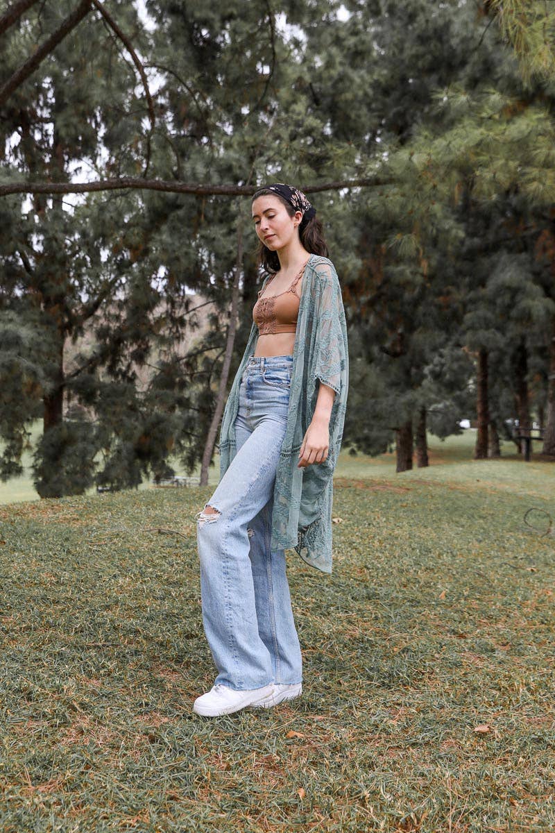 Embroidered Mesh Leaf Kimono: Natural