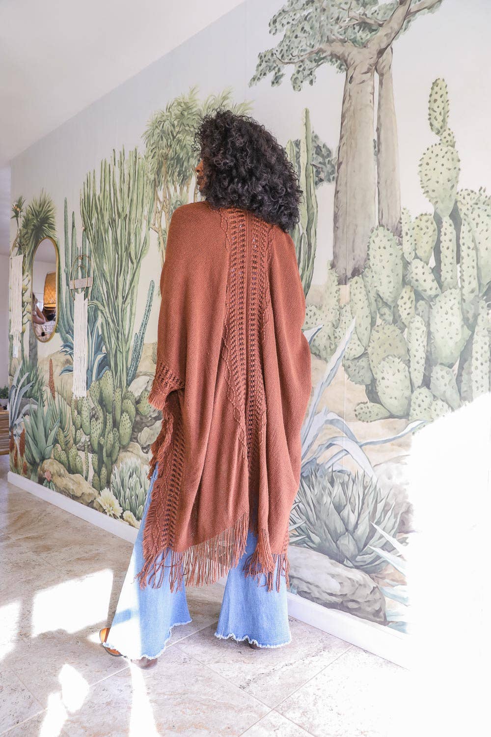 Open Work Frayed Border Bohemian Ruana: Brown