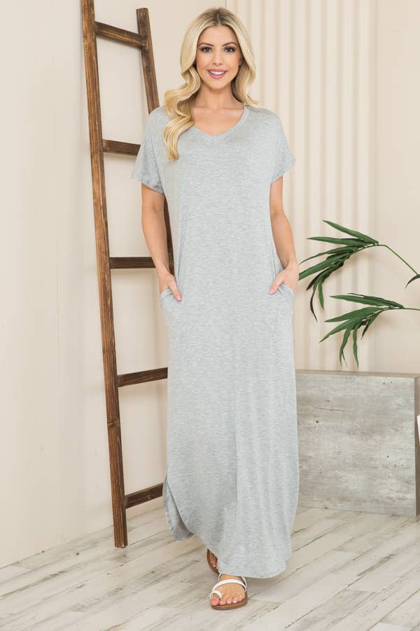 SHORT SLEEVE MAXI DRESS WITH SIDE SLIT AND POCKETS: GREY / XL