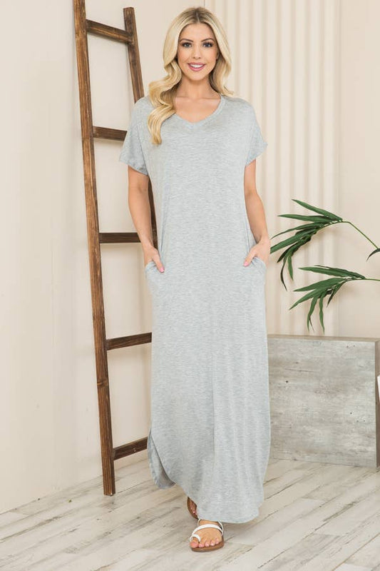 SHORT SLEEVE MAXI DRESS WITH SIDE SLIT AND POCKETS: GREY / XL