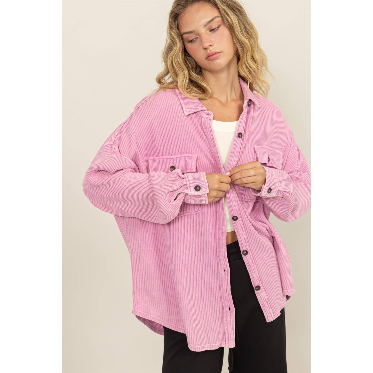 Waffle Oversized Button Up Shacket: GRAY BLUE / S