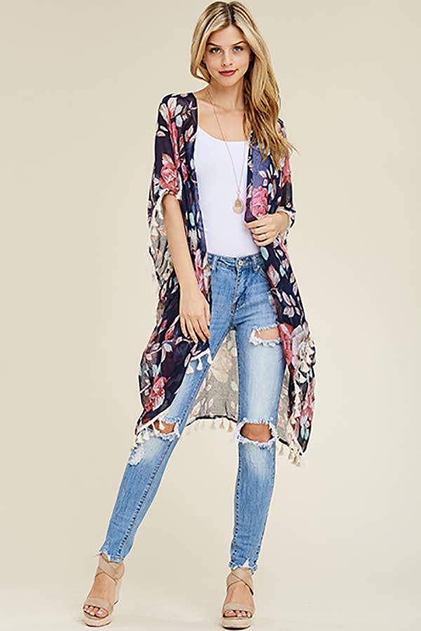 HDF1997 -  FLORAL TASSEL CARDIGAN: Blue