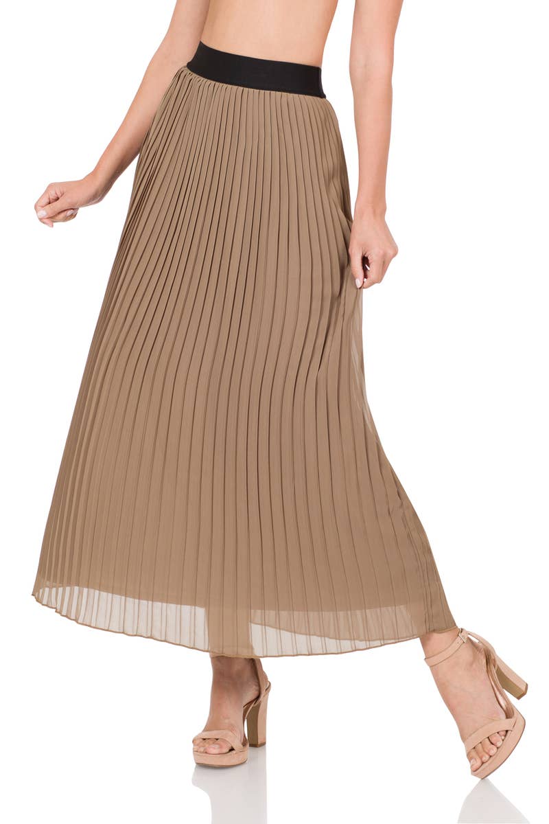 WOVEN CHIFFON HIGH WAIST PLEATED LONG SKIRT: XL / TAUPE-139692