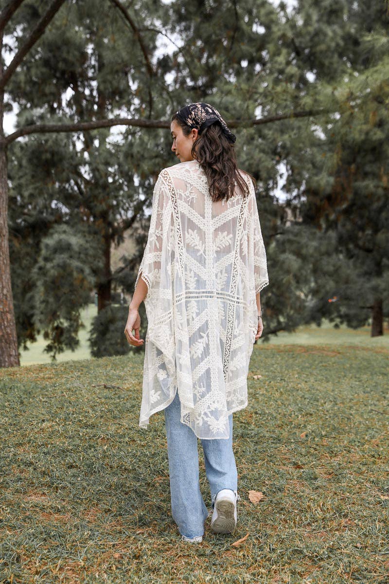 Embroidered Mesh Leaf Kimono: Natural