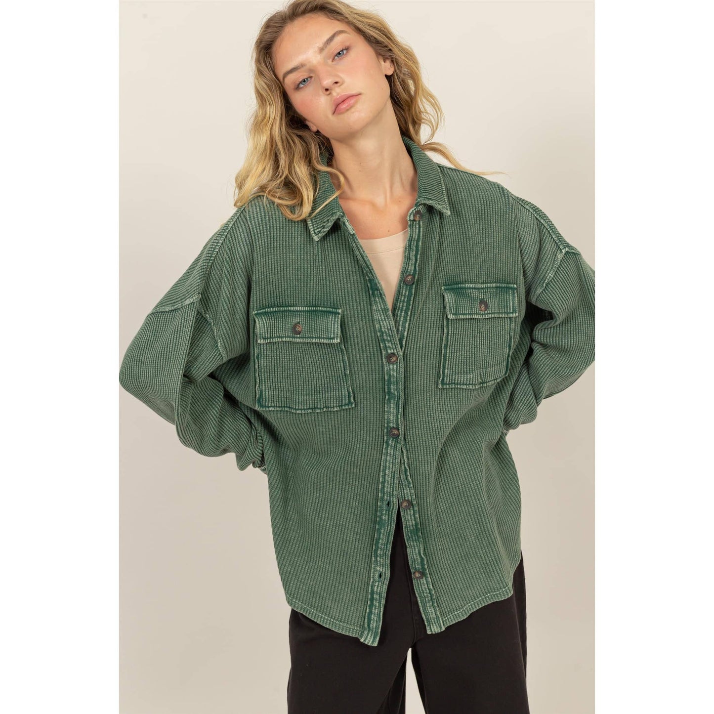 Waffle Oversized Button Up Shacket: GRAY BLUE / S