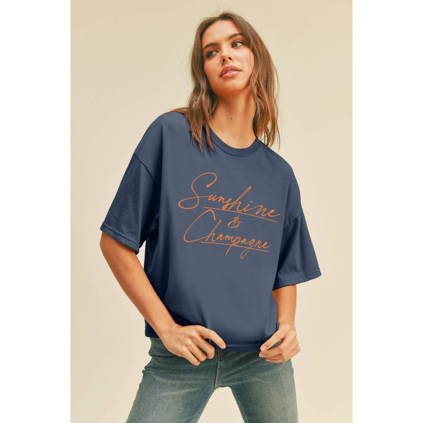 Sunshine and Champagne Graphic Tee: OCEAN BLUE / L