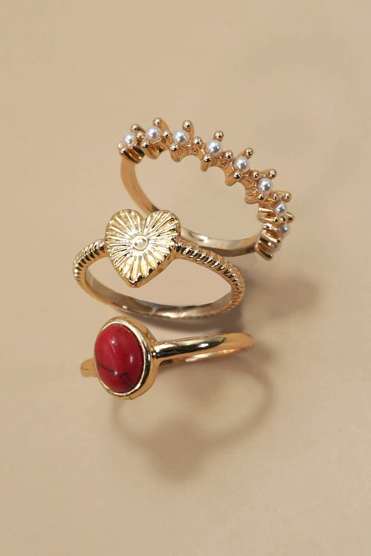 HEART STONE PEARL 3 RING SET