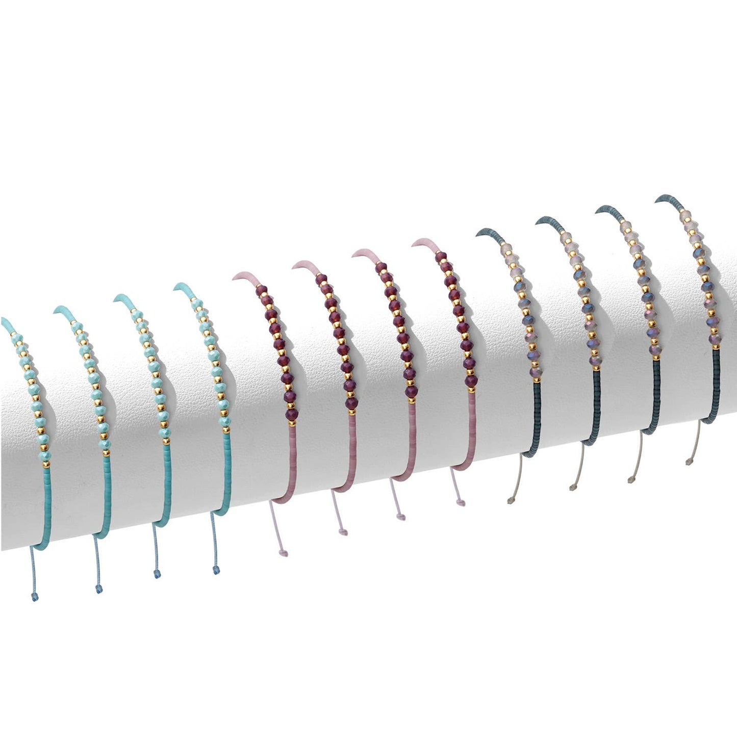 Set/12 Adjustable Glitz Accented Miyuki Bracelets, SALE: Teal/Bronze/Navy