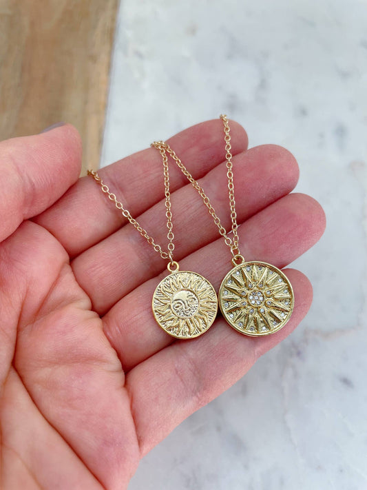 Gold Sun Necklace, Sun Jewelry, Sun Charm, Sun Pendant: 15mm sun face (left) / 16.5"(most popular)