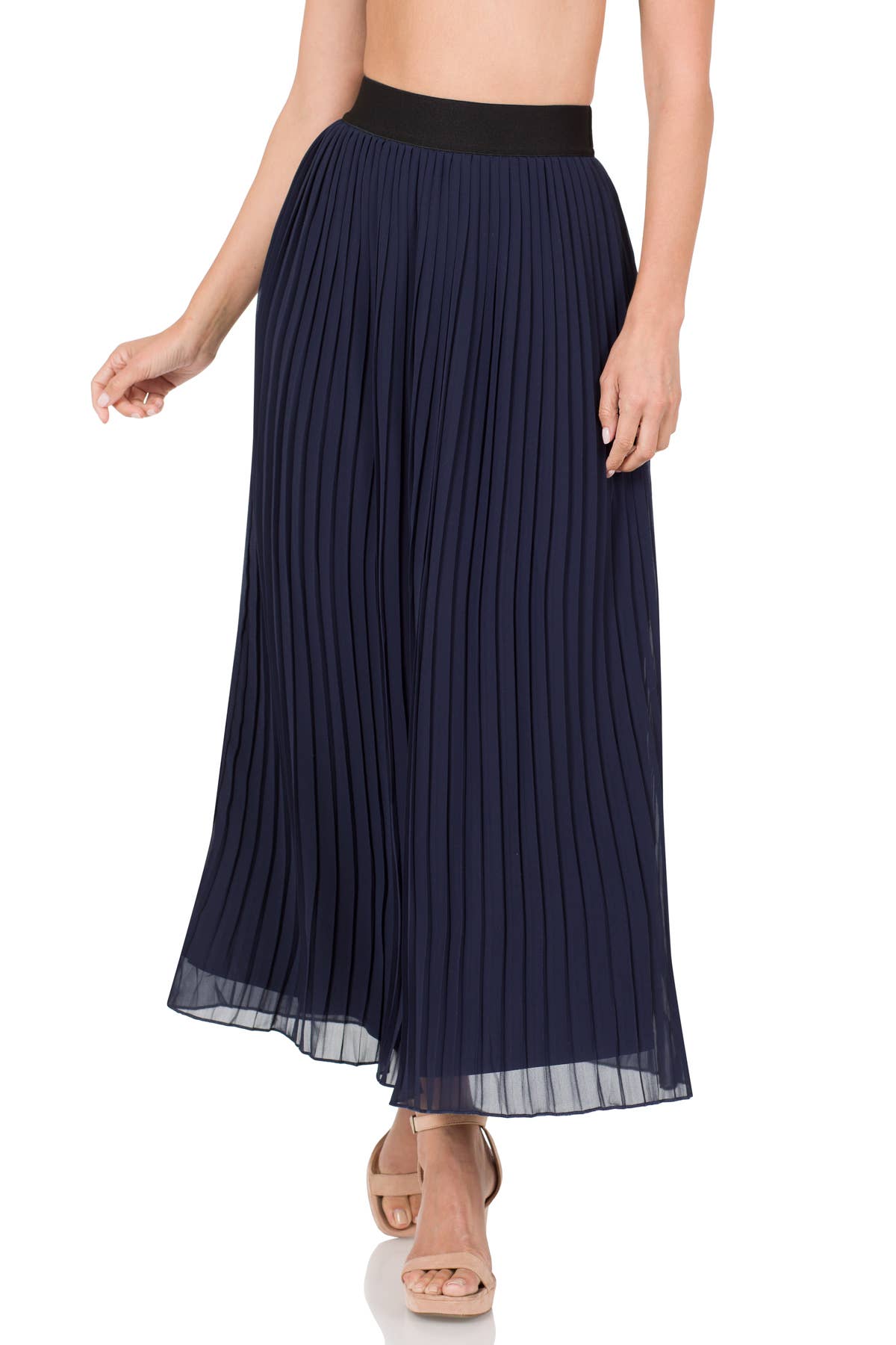 WOVEN CHIFFON HIGH WAIST PLEATED LONG SKIRT: XL / TAUPE-139692