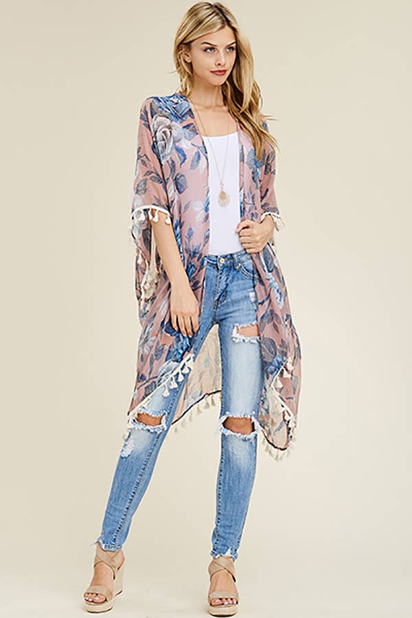 HDF1997 -  FLORAL TASSEL CARDIGAN: Blue