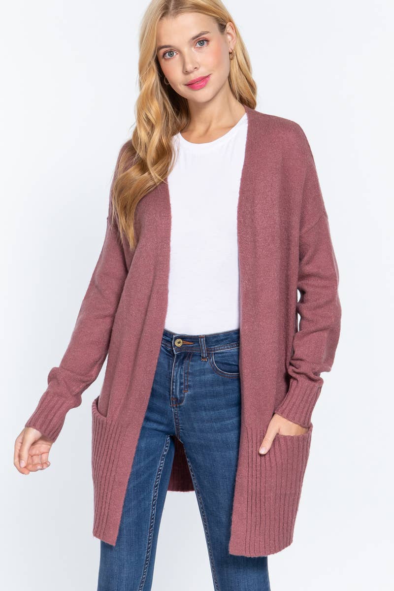 FITTED OPEN FRONT w/POCKET SWEATER CARDIGAN: L / BLU-blue-118476