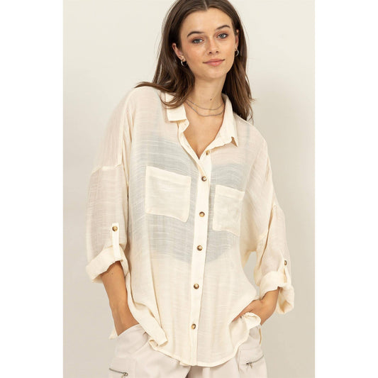 HF24G073-LONG SLEEVE BUTTON DOWN SHIRT: IVORY CREAM / M