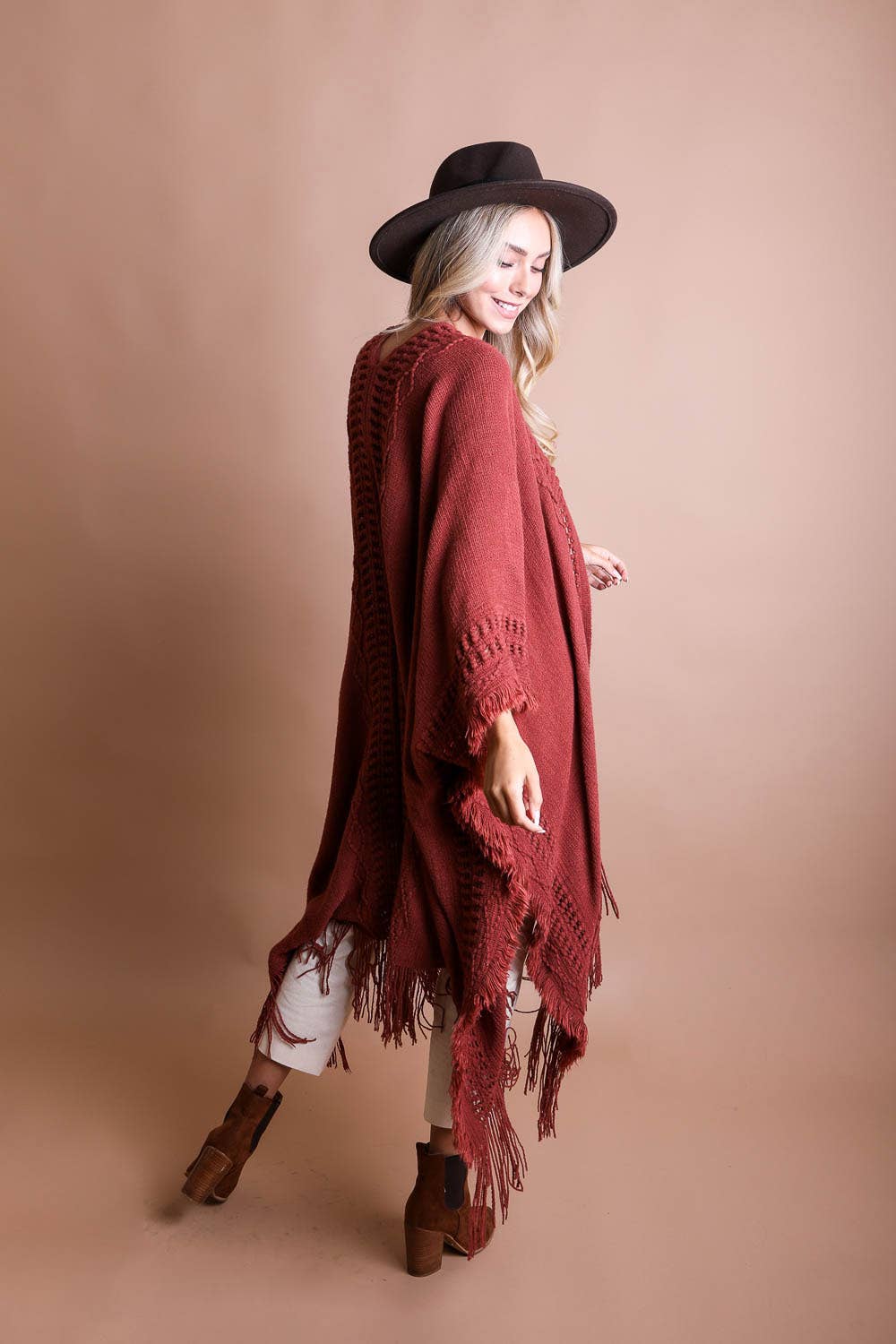 Open Work Frayed Border Bohemian Ruana: Brown