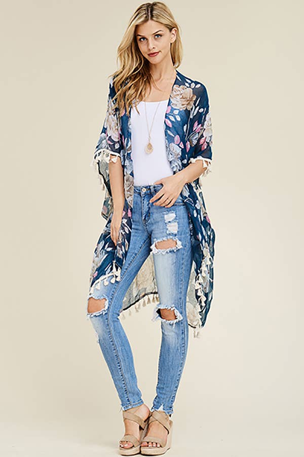 HDF1997 -  FLORAL TASSEL CARDIGAN: Blue
