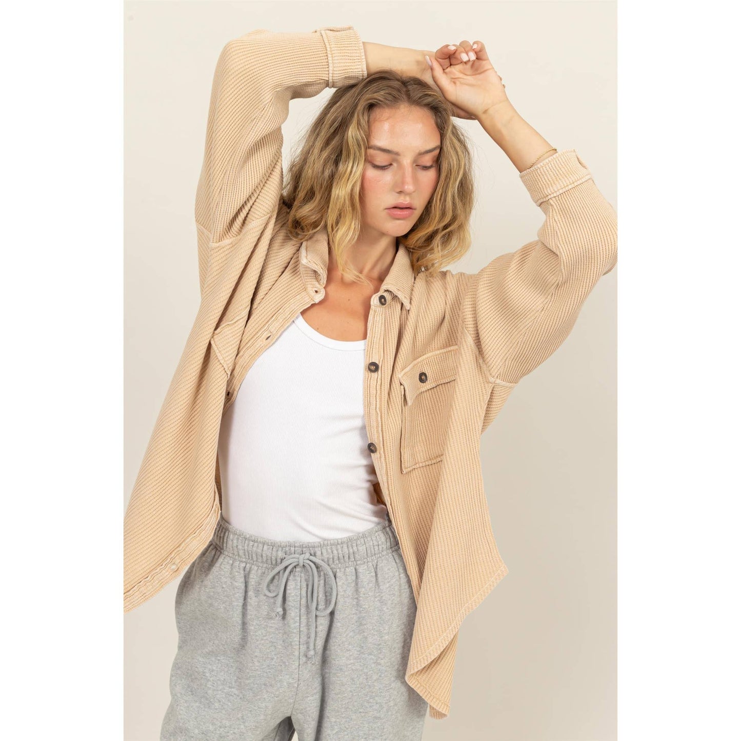 Waffle Oversized Button Up Shacket: GRAY BLUE / S