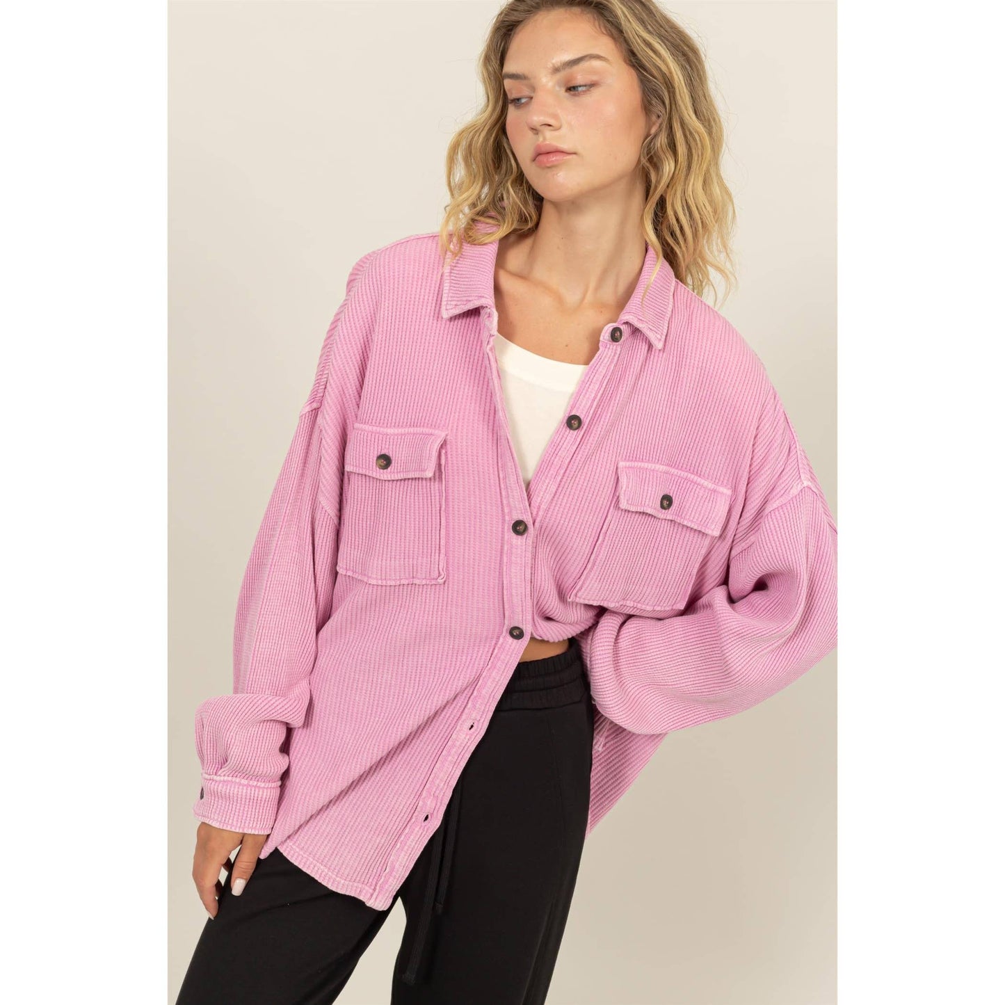 Waffle Oversized Button Up Shacket: GRAY BLUE / L