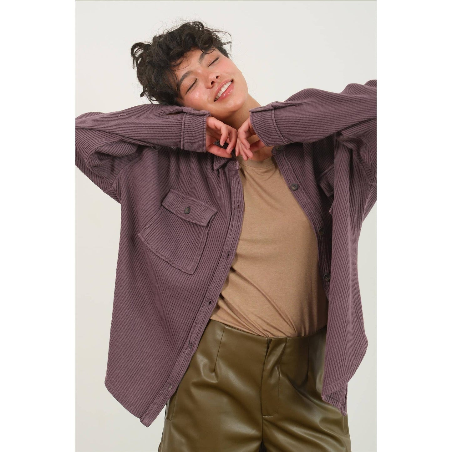 Waffle Oversized Button Up Shacket: GRAY BLUE / S