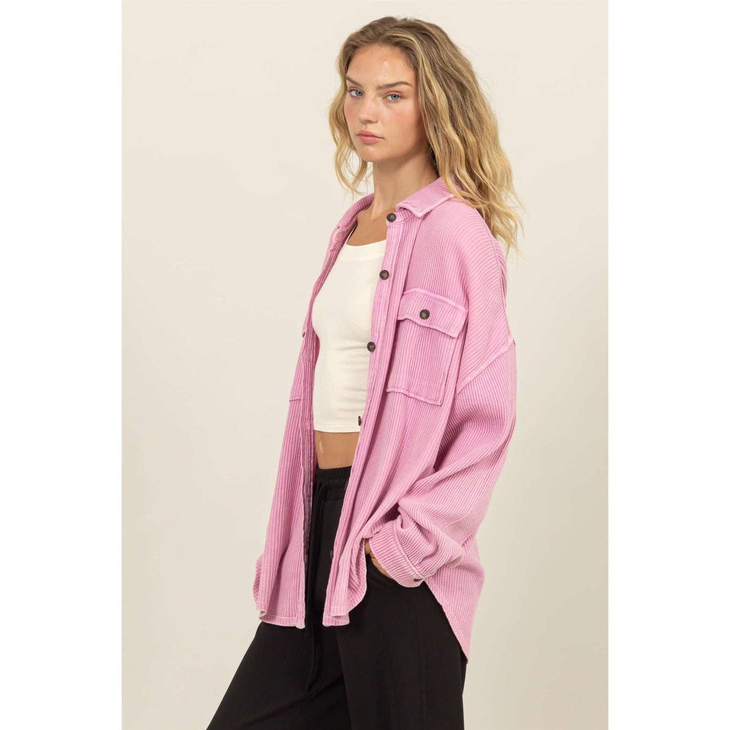 Waffle Oversized Button Up Shacket: GRAY BLUE / M