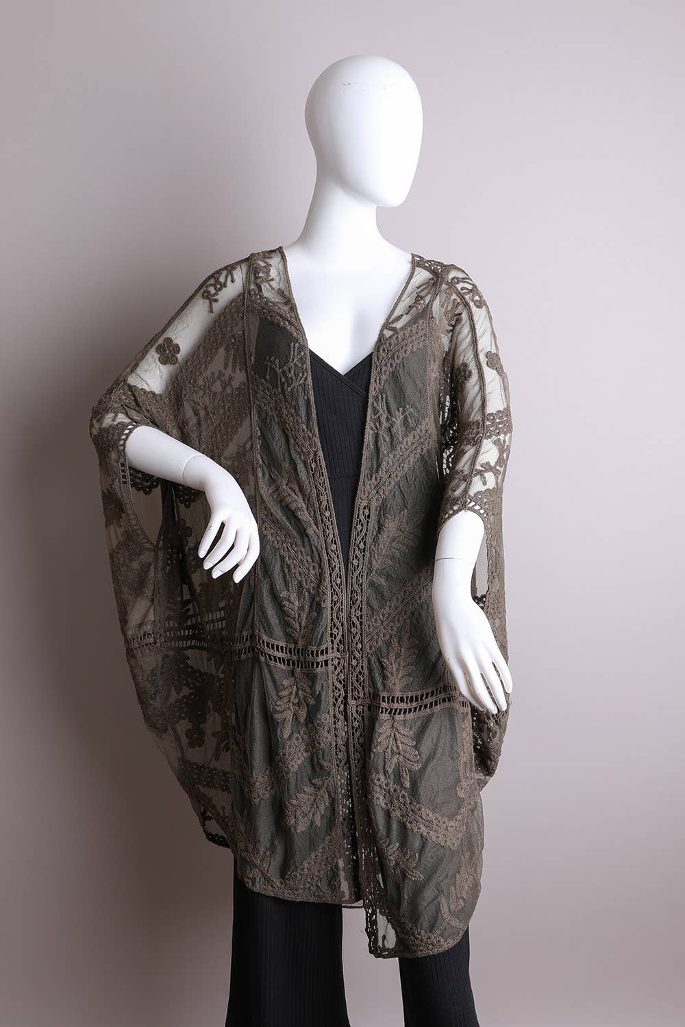 Embroidered Mesh Leaf Kimono: Natural