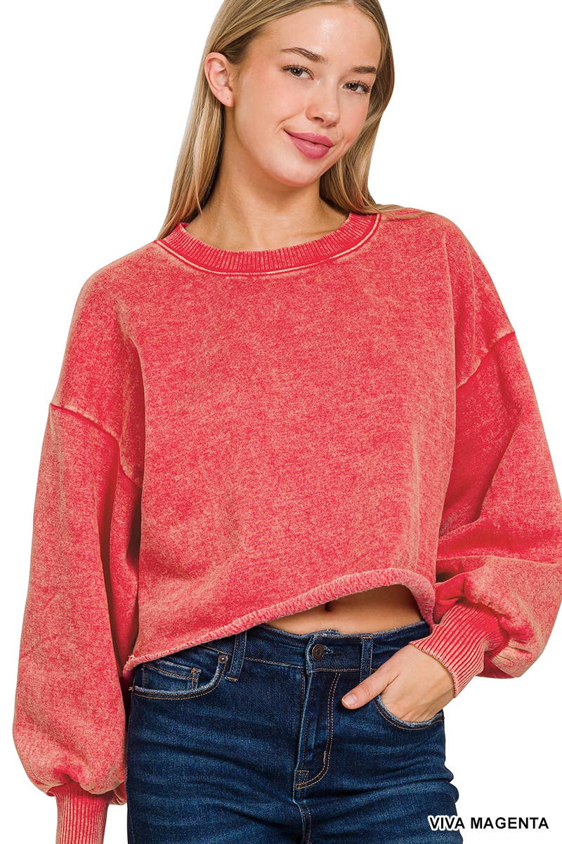 SI-25409 ACID WASH FLEECE CROPPED PULLOVER: MOCHA-163613 / M