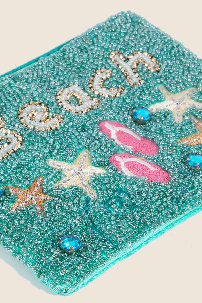 Seed Beaded Beach Theme Coin Purse: TURQUOISE